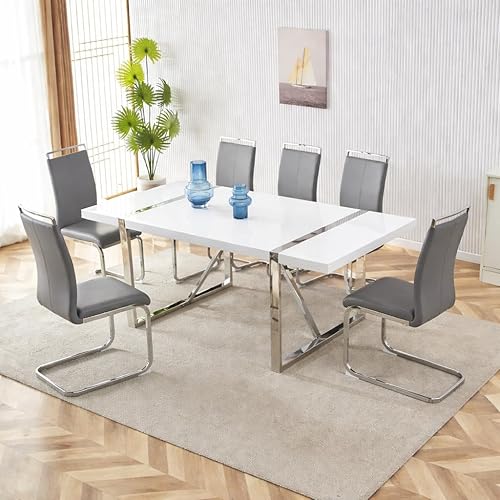Vista 36 de Juego de mesa de comedor gopop para 6, juego de mesa y sillas de cocina de 6, mesa de 140 cm x 85 cm con acabado de laca blanca brillante y marco