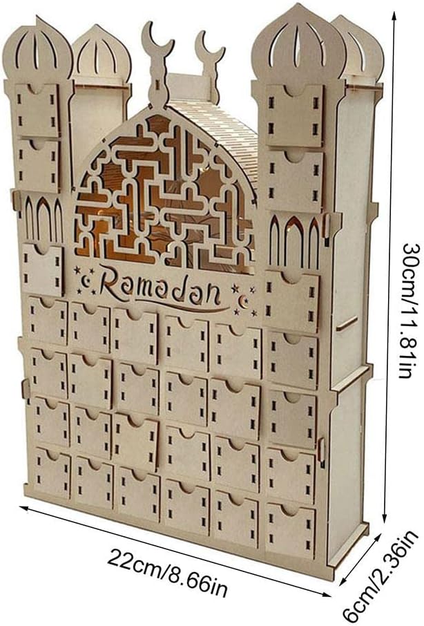 2022 Wooden Ramadan Advent Calendar with 30 Day Countdown Drawers, Eid Ramadan Mubarak Decoration (22 * 6 * 30cm)