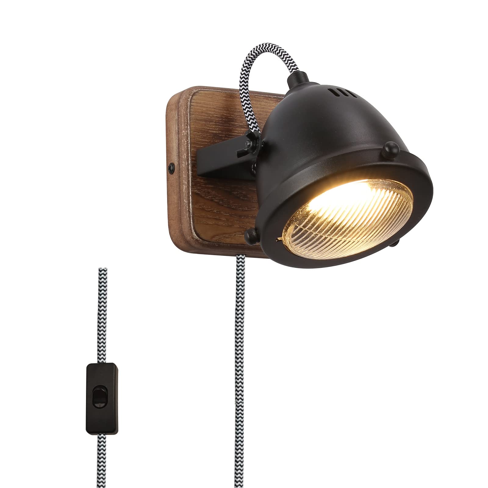 SUNLLOK Lámpara de Pared LED Madera Moderna con Cable, GU10 Aplique Pared Focos Ajustable Industrial Vintage con Interruptor, Luz de Lectura Interior Decor para Salon Dormitorio Restaurante Porche