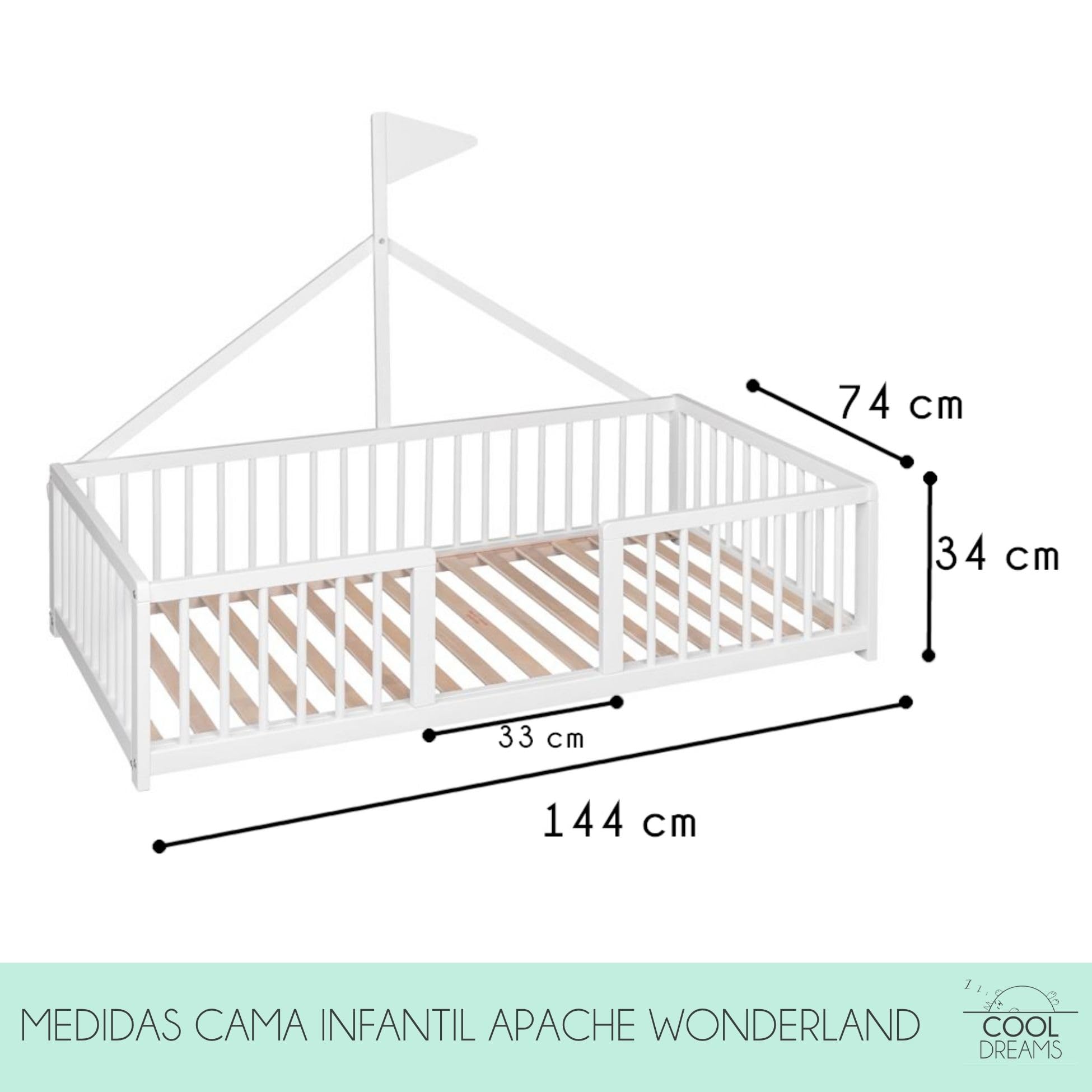 Cama Montessori 140 × 70 cm de Madera de Haya, Incluye colchón Morfeo y Funda Impermeable, Modelo Apache Wonderland, Color Blanco CoolDreams