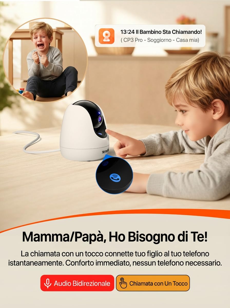 Tenda CP3 Pro Telecamera Wi-Fi Interno, 360° 2K Videocamera di Sorveglianza, Webcam di Sicurezza per Bambini/Anziani/Cani, Visione Notturna, Chiamata con un Tocco, Audio Bidirezionale, Wi-Fi 6