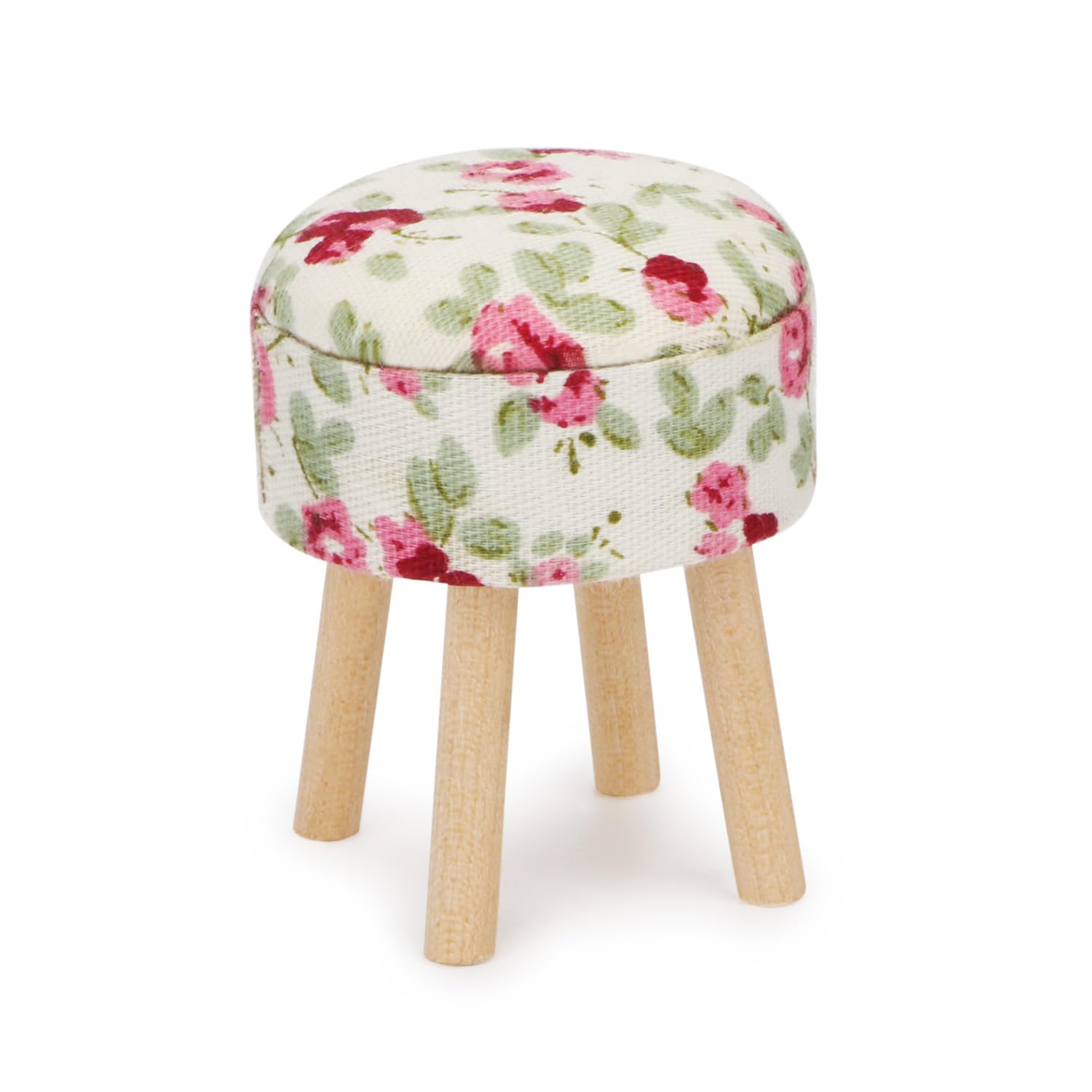 Dollhouse Stool Miniature Round Upholstered 1:12 Scale Wooden Stool Ornament Dollhouse Furnishing Accessories Mini Scene Furniture (White Floral)