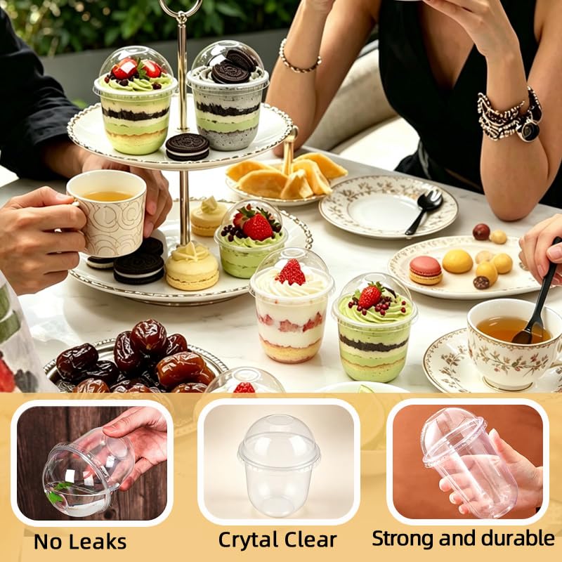 ZoneYan 50 Pezzi Tazze da Dessert Plastica, Rotonde Bicchieri Dessert, 250 ml, Finger Food Contenitori, Plastica Coppe Dessert, Coppette Desserts con Coperchio, Tazze Desserts con Cucchiaio (R)