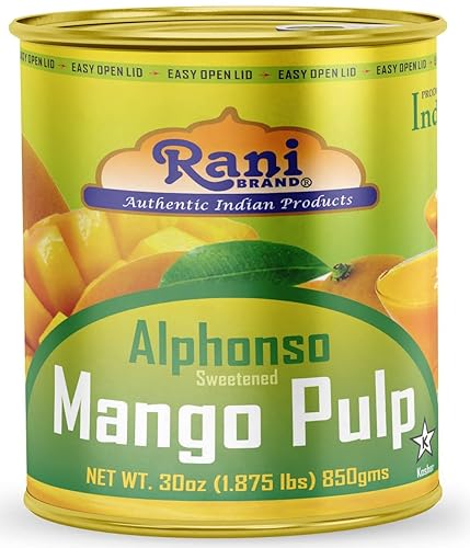 Puré de pulpa de mango Rani (hace batidos de mango Lassi) Alphonso endulzado 30 onzas (1.875 libras) 29.98 oz  Kosher  Todo natural  Sin OMG  Vegano