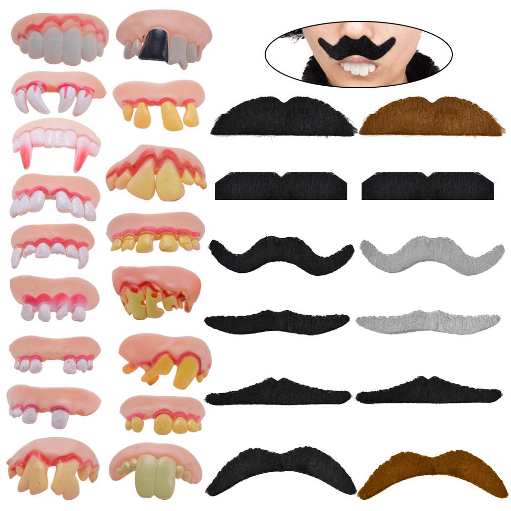 17 Pcs Different Style Fake Teeth & 12 Pcs Novelty Mustaches, Self Adhesive Fake Mustache Set Halloween Ugly Joke Tooth Prank Denture Funny Tooth Costume for Halloween Party Funny Gag Gift