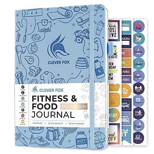 Clever Fox Fitness & Food Journal – Nutrition & Workout Planner for Women & Men – Diet & Gym Exercise Log Book with Calendars, Diet & Training Trackers - Undated, A5 Size, Hardcover (Light Blue)