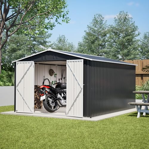 Image of YOPTO 10x12 FT Outdoor Storage Shed,Metal Shed W /Updated Frame Structure,Garden Shed W /Lockable Door,2 Air Vents & Sloped Roof,for Backyard,Patio,Lawn,Black