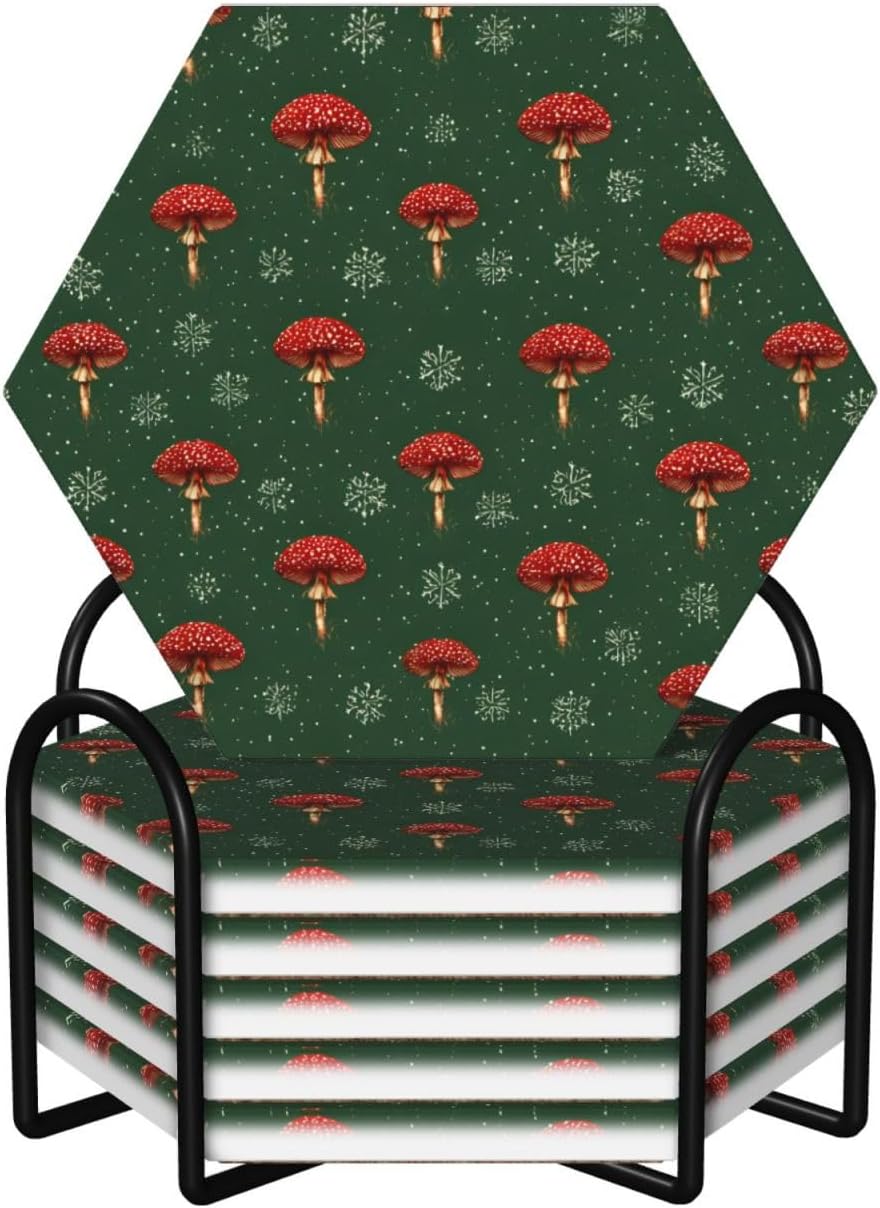 (red Mushroom Grows) Ceramic Coasters Set of 6 with Holder Non-Slip Hexagon Coffee Coasters for for Cup Mug Drink Patio Coffee Table Decor, Christmas Coasters Home Bar Supplies