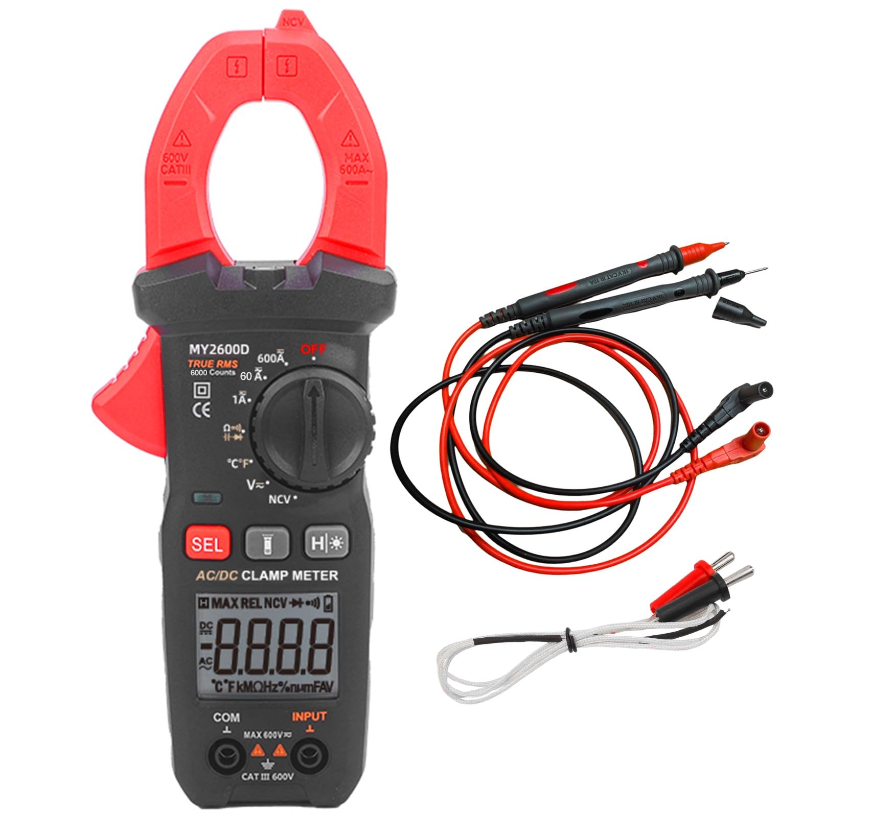 MY2600D Digital Clamp Multimeter, AC/DC Amp Volt Meter, NCV Voltage Tester, Resistance Capacitance Diode Continuity Multi Meter, Frequency, Duty Cycle, True RMS, 6000 Counts, High Voltage Protection