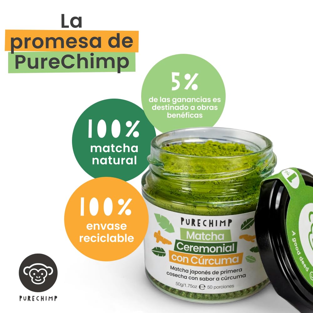 PureChimp Polvo de Matcha Ceremonial Sabor Cúrcuma 50g. 100% Té Verde Puro con Cúrcuma, Canela y Jengibre. Cultivado a la Sombra para Latte y Recetas. Tarro de Vidrio Reciclable. Rico en Antioxidantes