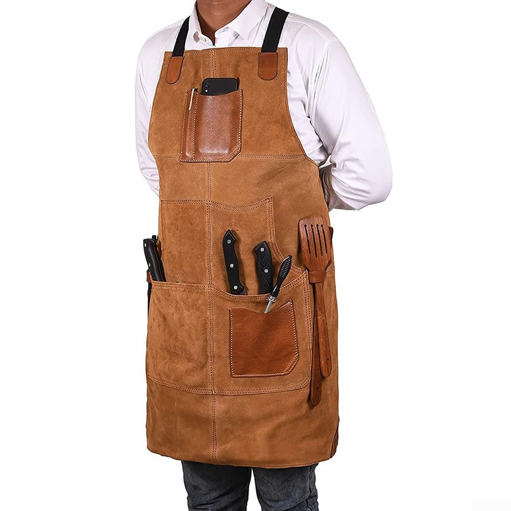 Tablier de travail en velours double face avec ajustement réglable et poches pratiques, avec contraste en cuir synthétique pour la soudure, la menuiserie et la cuisine