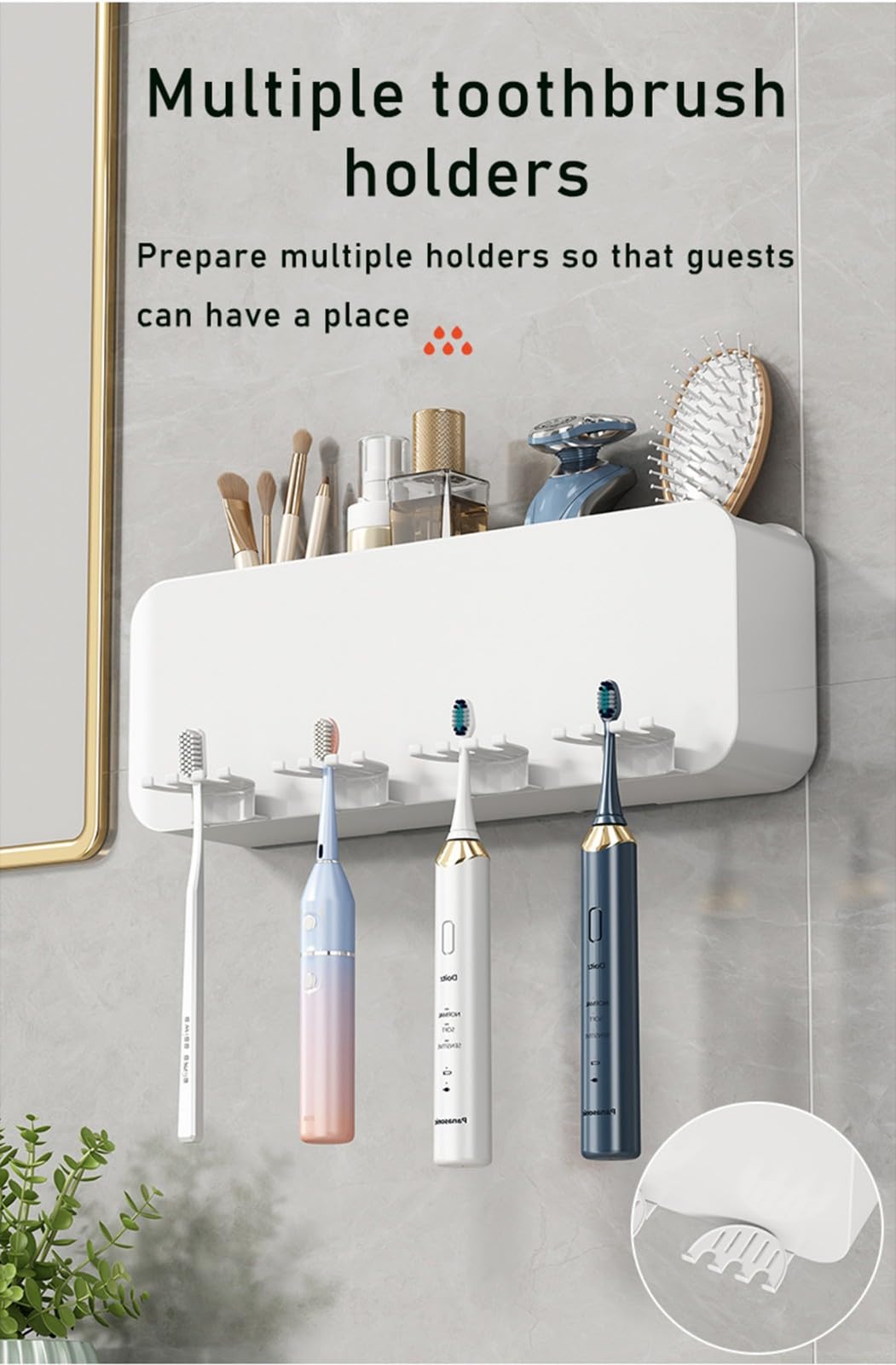 Porta Spazzolino da Muro,Porta Spazzolini Bagno in Plastica, Portaspazzolino Elettrico,con Fessure per Spazzolino,Tazze E Scatola Portaoggetti Cosmetica,Salvaspazio E Estetica,4 Cups