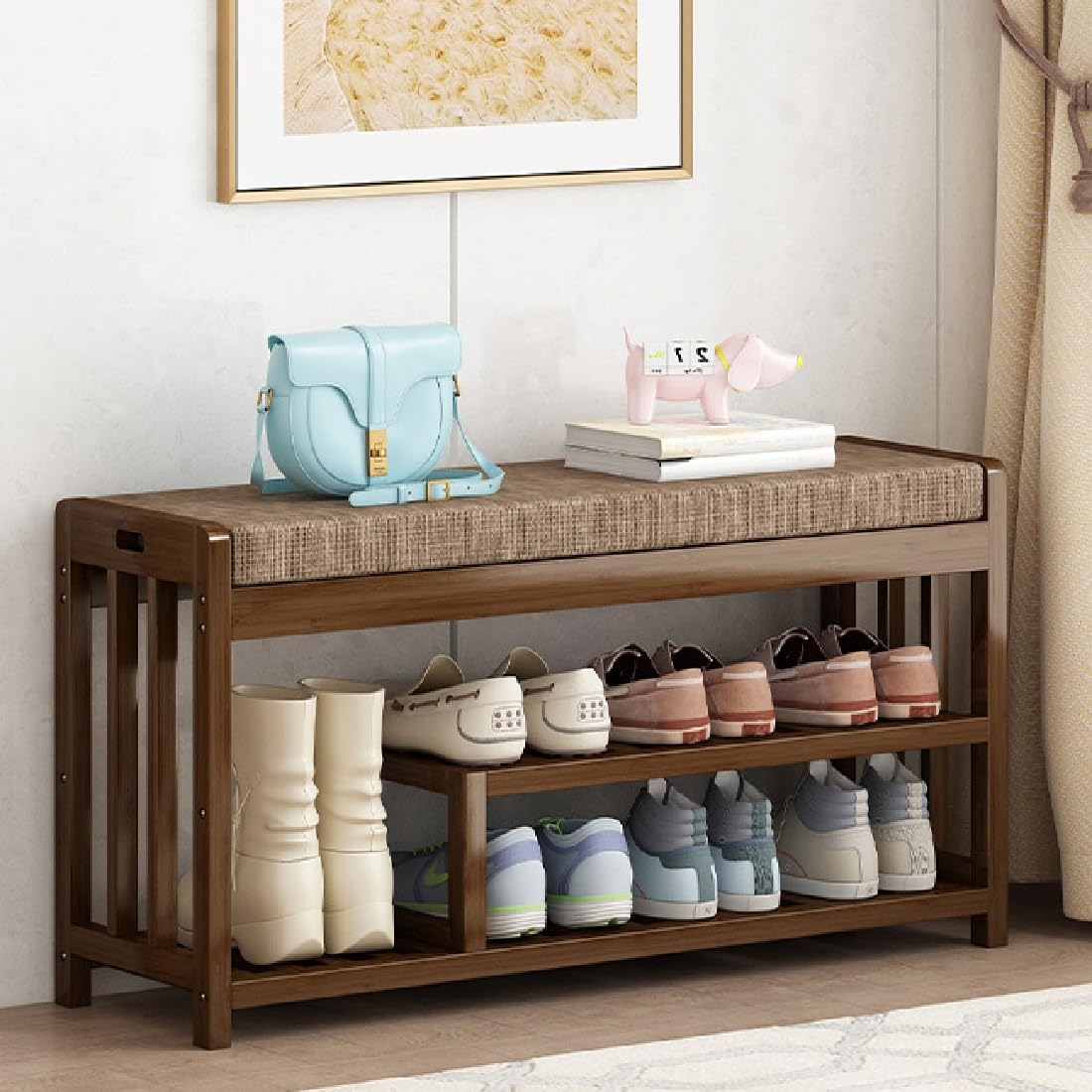 TrueyEssence Bamboo Shoe Bench, Entryway Storage Bench with Cushion Small Shoe Rack Organizer for Porch Hallway