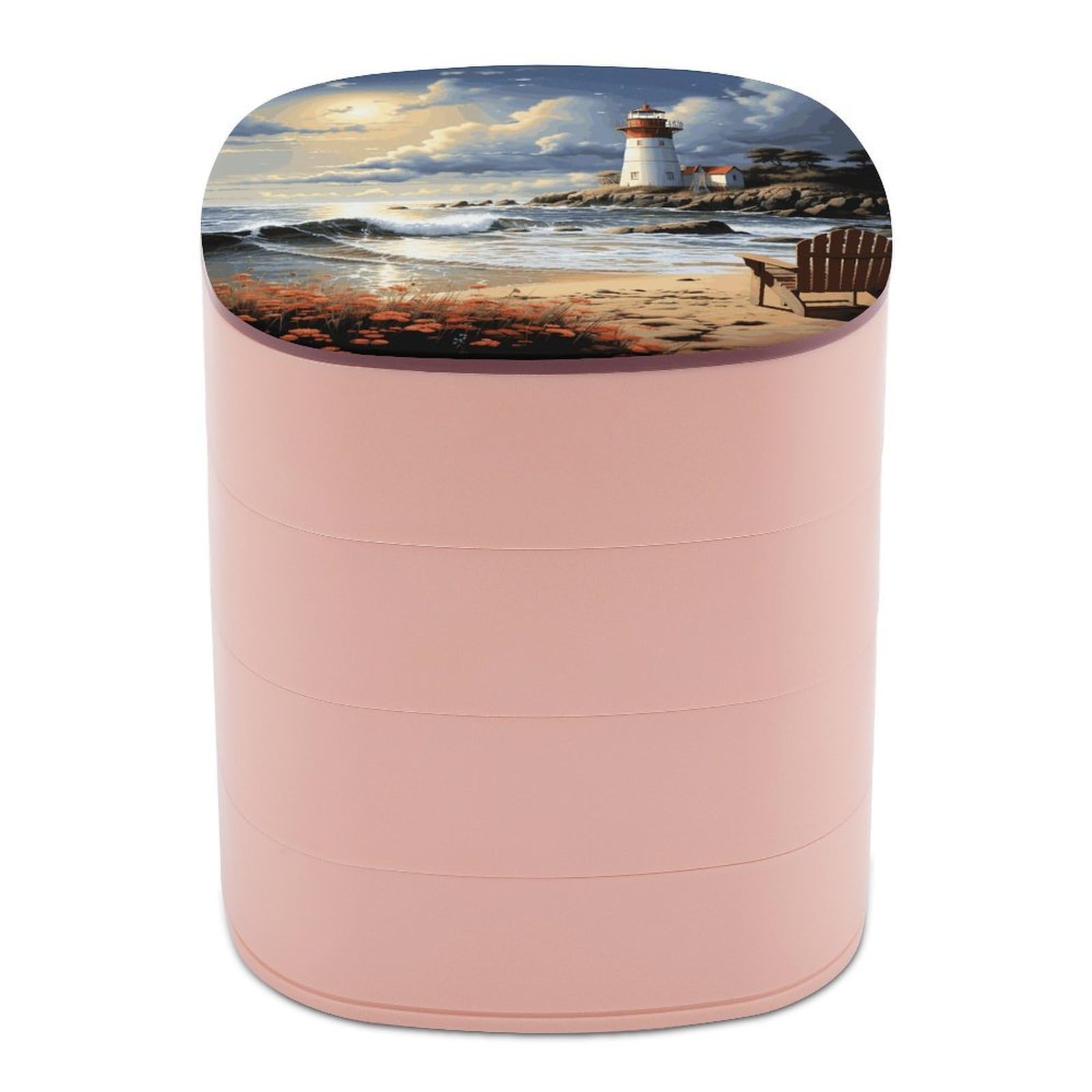 FekiLoot Sea Lighthouse Sandbeach Jewelry Box 4-Layers Rotatable Jewelry Organizer Storage Box with Mirror Cute Travel Jewelry Case Portable Earring Holder Organizer for Ring Necklace Bracelet