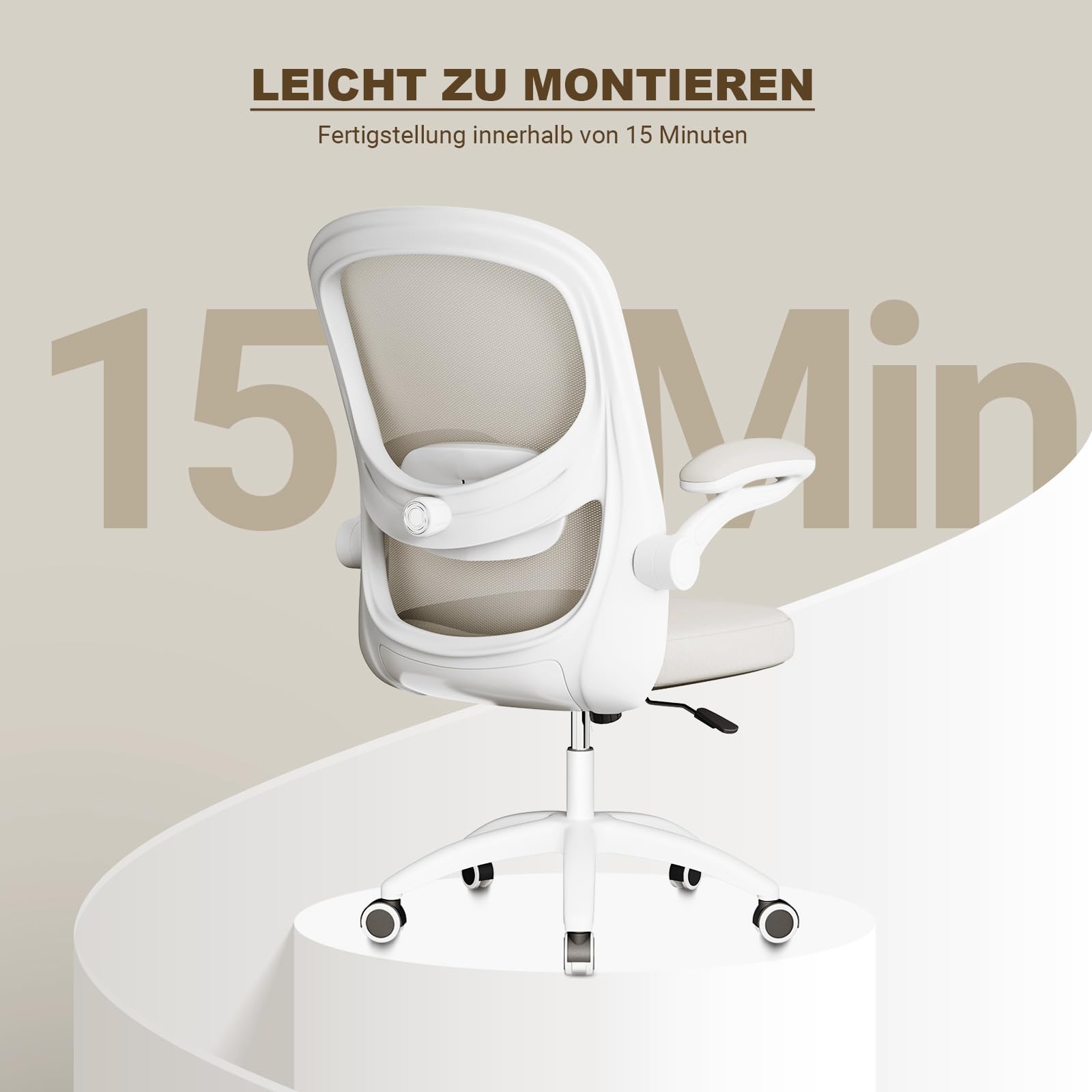 MELOKEA Schreibtischstuhl mit bionischer 4D-Lendenstütze und Klapparmlehnen | Bürostuhl Ergonomisch mit 100° hochklappbarer Armlehne, Office Chair Höhenverstellbar, Mesh Computerstuhl, Grau beige