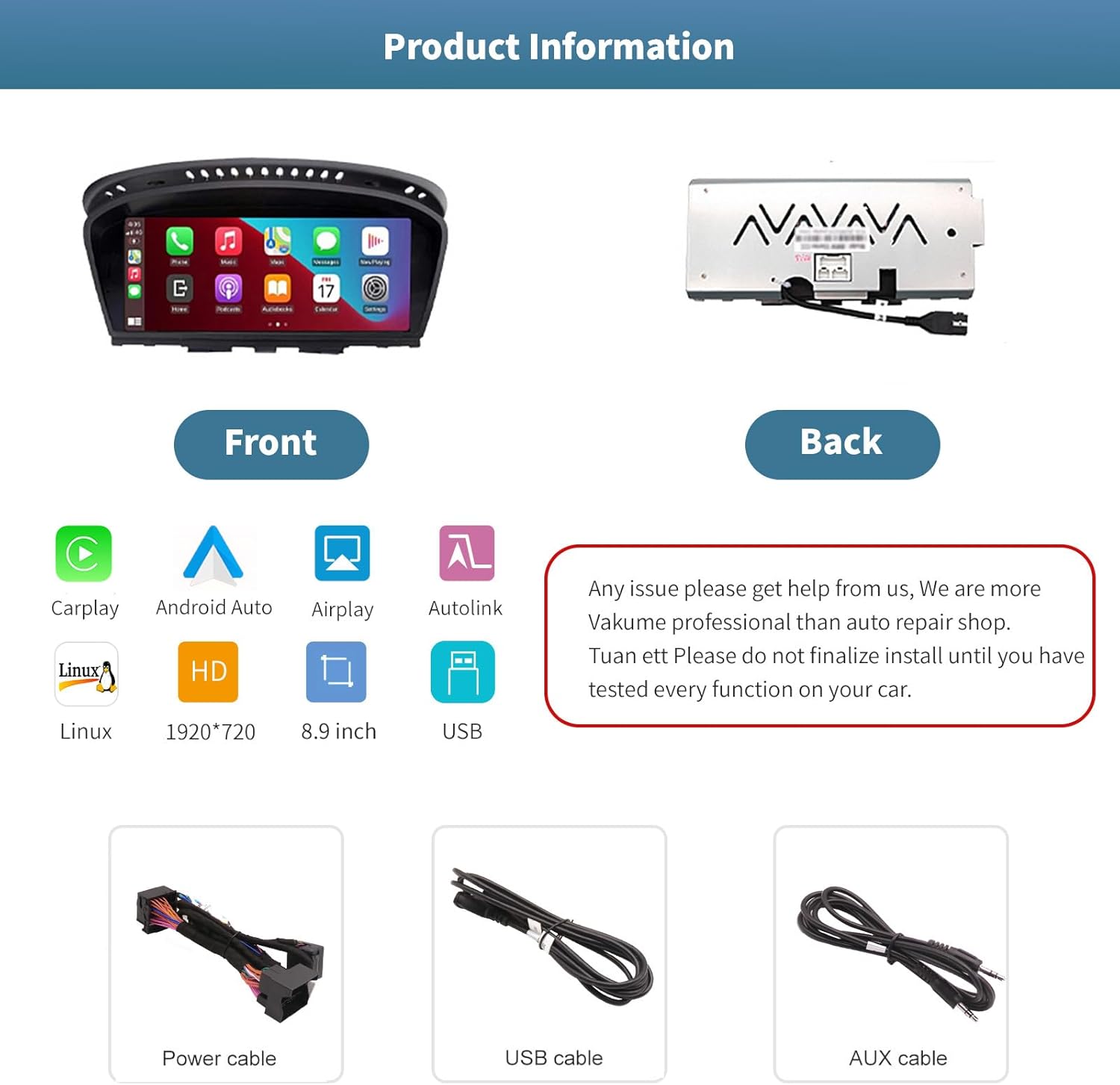 Product information showing front and back views of the unit, and included accessories: power cable, USB cable, AUX cable