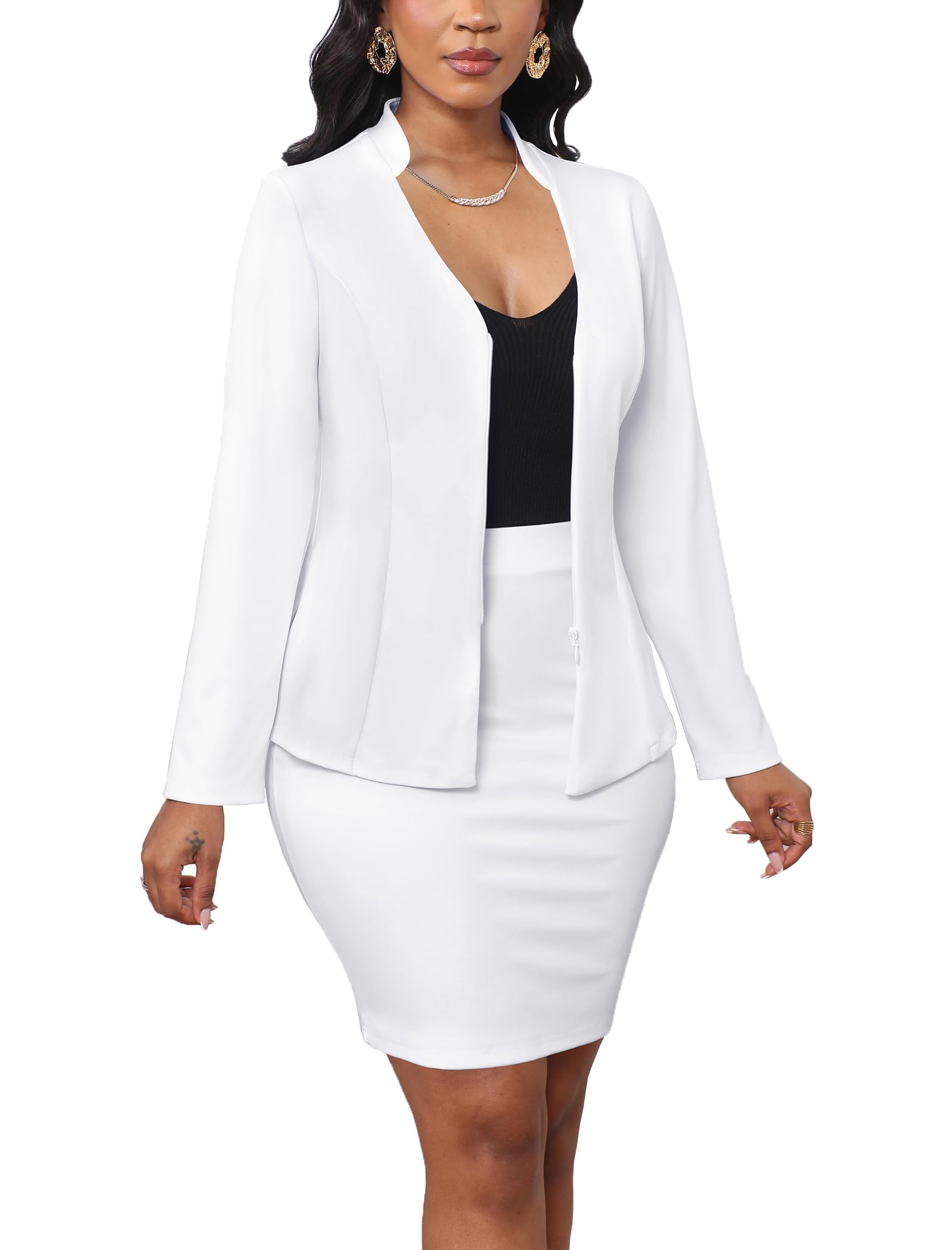 Womens 2 Piece Suit Skirt Set Business Long Sleeve Zip Up Blazer Jackets and Pencil Skirt Outfits Work