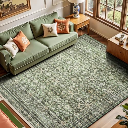 Green Boho Floral 5x7 Washable Rug
