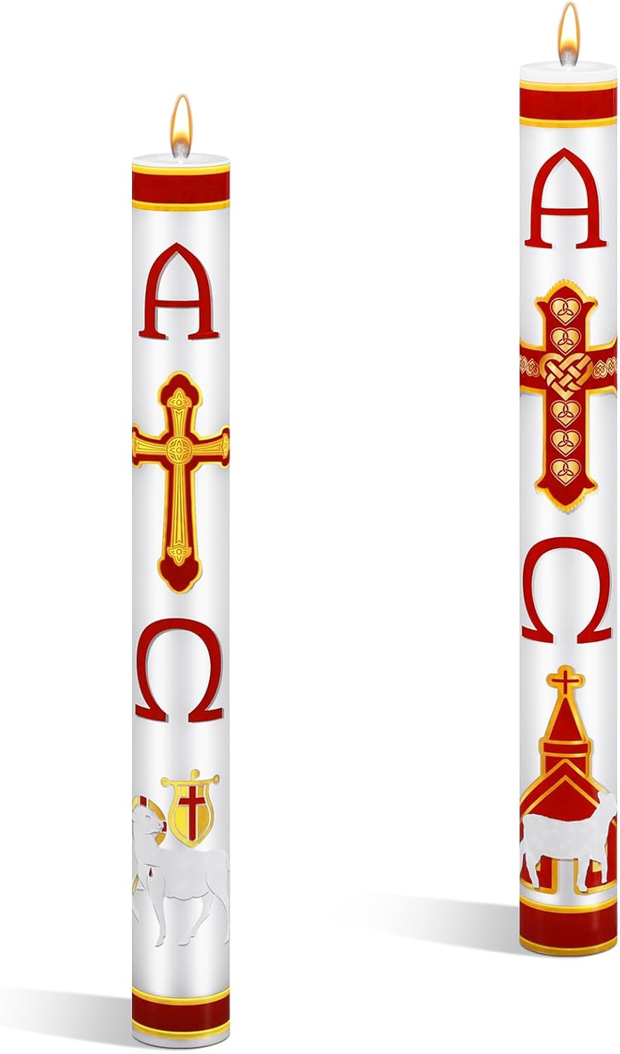 2 Pcs 18 Inch Large Easter Paschal Candle Cirios Religiosos Catolicos 2026 Alpha Cross Week Religious Catholic Church Candles for Baptisms Prayer Holy Week Church Supplies Easter Decoration