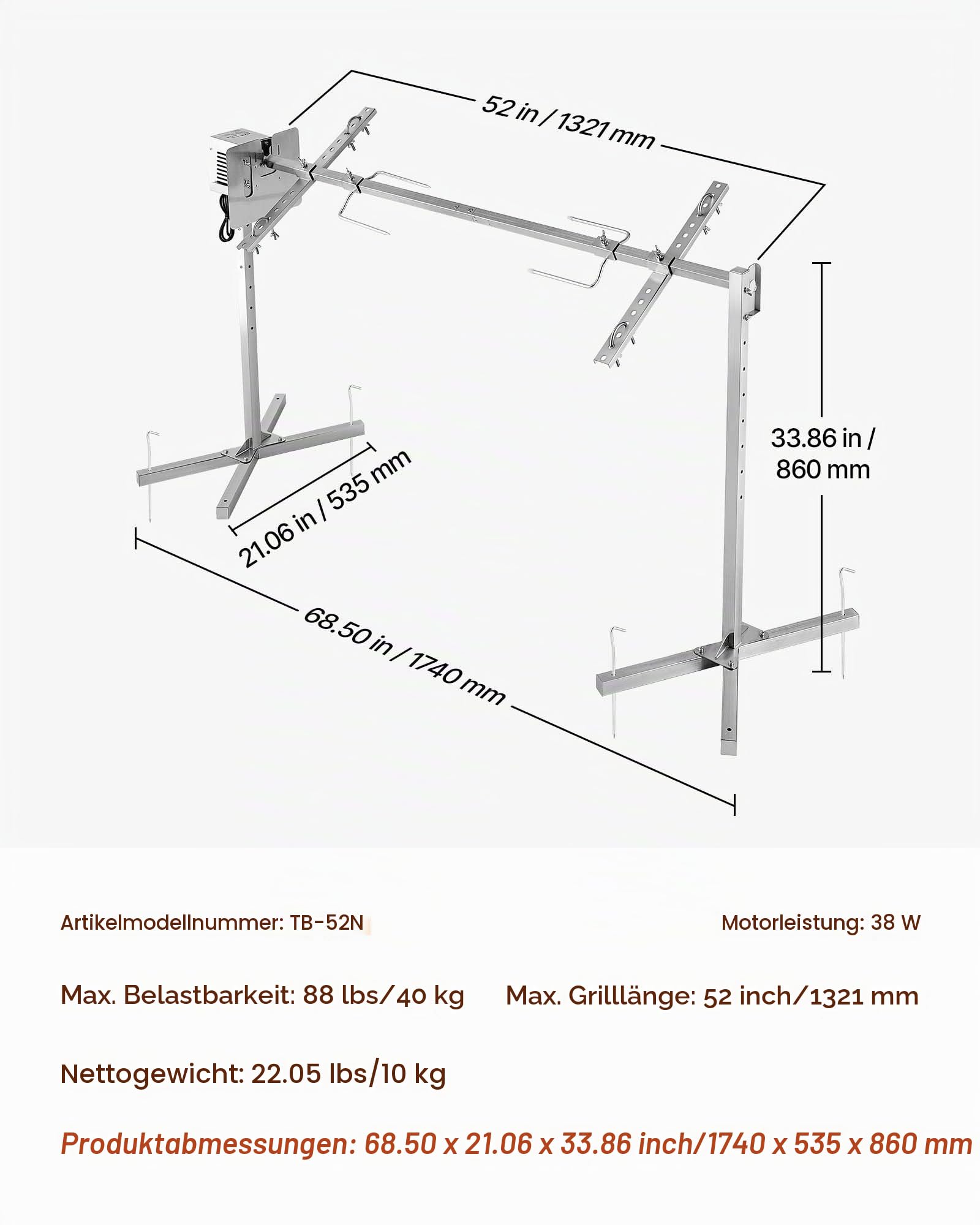 VEVOR Spanferkelgrill Lammgrill Spießbratengrill 1321 mm Rotisserie-Grill AC 220-240 V, 8-stufiges elektrisches Rotisserie-Grill-Set mit 40 kg Tragkraft, 38 W Motor Grillset für Partys