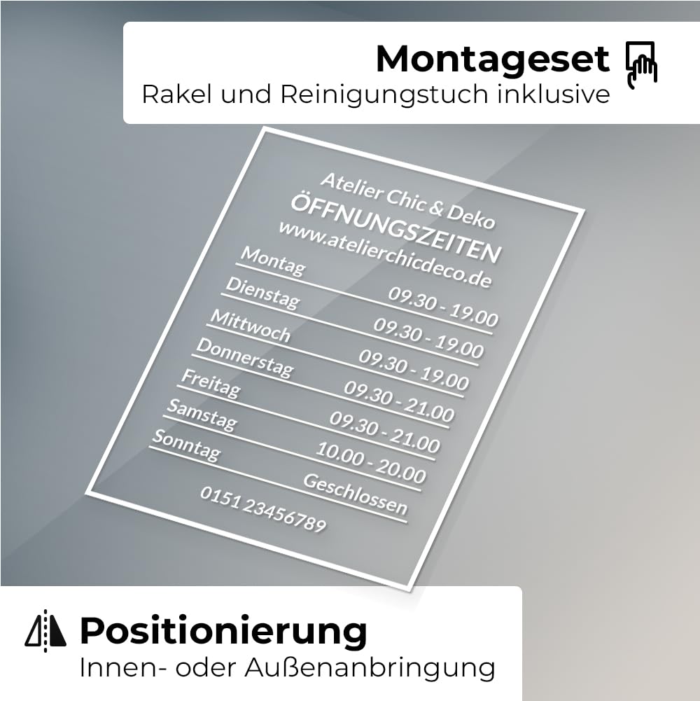 Öffnungszeiten Aufkleber für Schaufenster, personalisierbar - Design 1