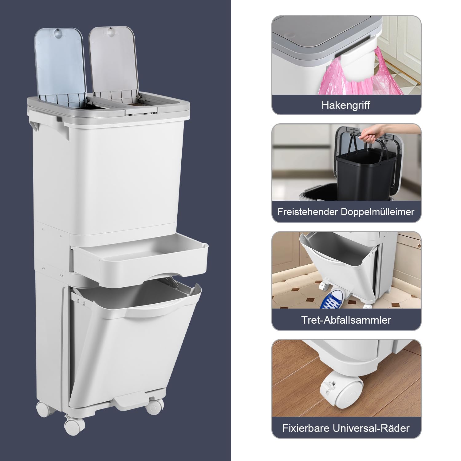 Mülleimer Küche mit 3 Fächern, Küchenmülleimer 42L, Tretmülleimer, Abfalleimer mit Deckel, Recycelbarer Großabfallbehälter, Trocken und Nasstrennung, für Küche, Wohnung und Büro, Weiß
