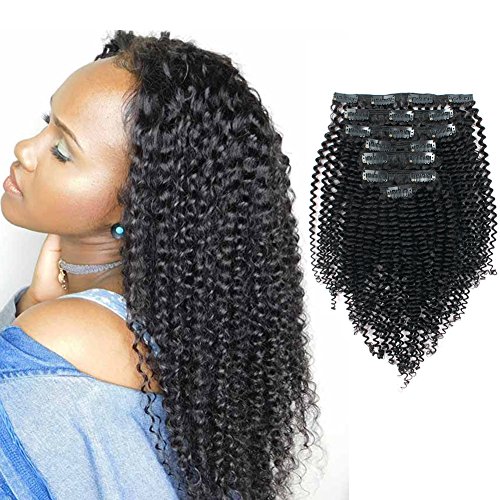 Sassina Remy Brazilian Double Weft 8A 3B 4A Kinky Curly Clip in Human Hair Extensions Natural Black Color 7Pcs/lot 120Grams/set With 17 Clips For Black Women, KC 16 Inch