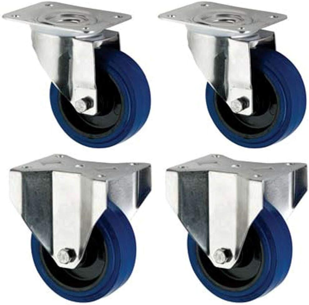 Coldene Castors Ltd - 125mm Blue Elastic Rubber Castor Wheels Pack - 2x Swivel 2x Fixed