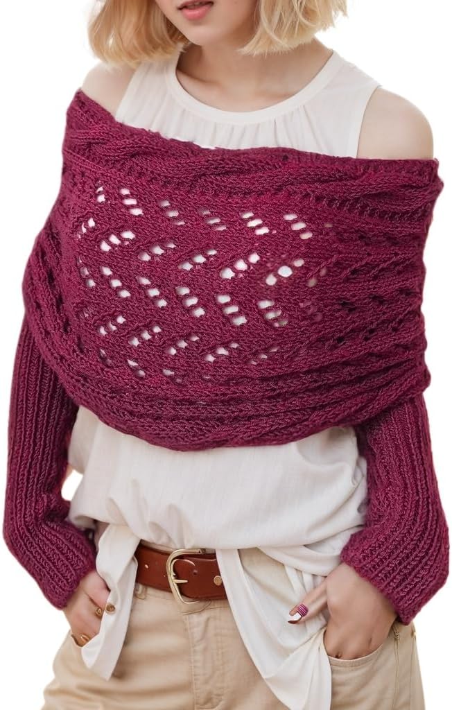 Sweater Scarf with Sleeves for Women Multi-Use Knitted Cable Wrap Shrugs Crochet Fashion Shawl Cape