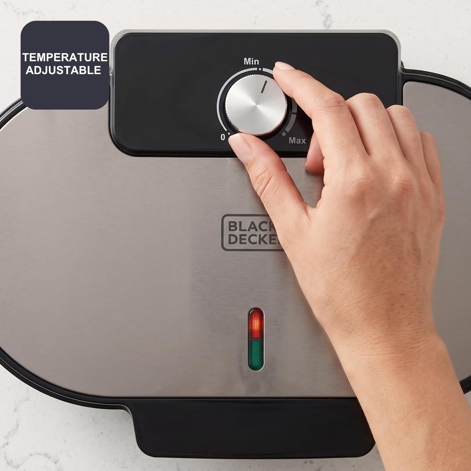 Black+Decker – Gofrera | Doble XL | 2 Gofres | Placas Antiadherentes | 33,6 x 18,2cm | 1400W | Temperatura Ajustable | Señal Luminosa | Asa Fría | Acabados en Inox