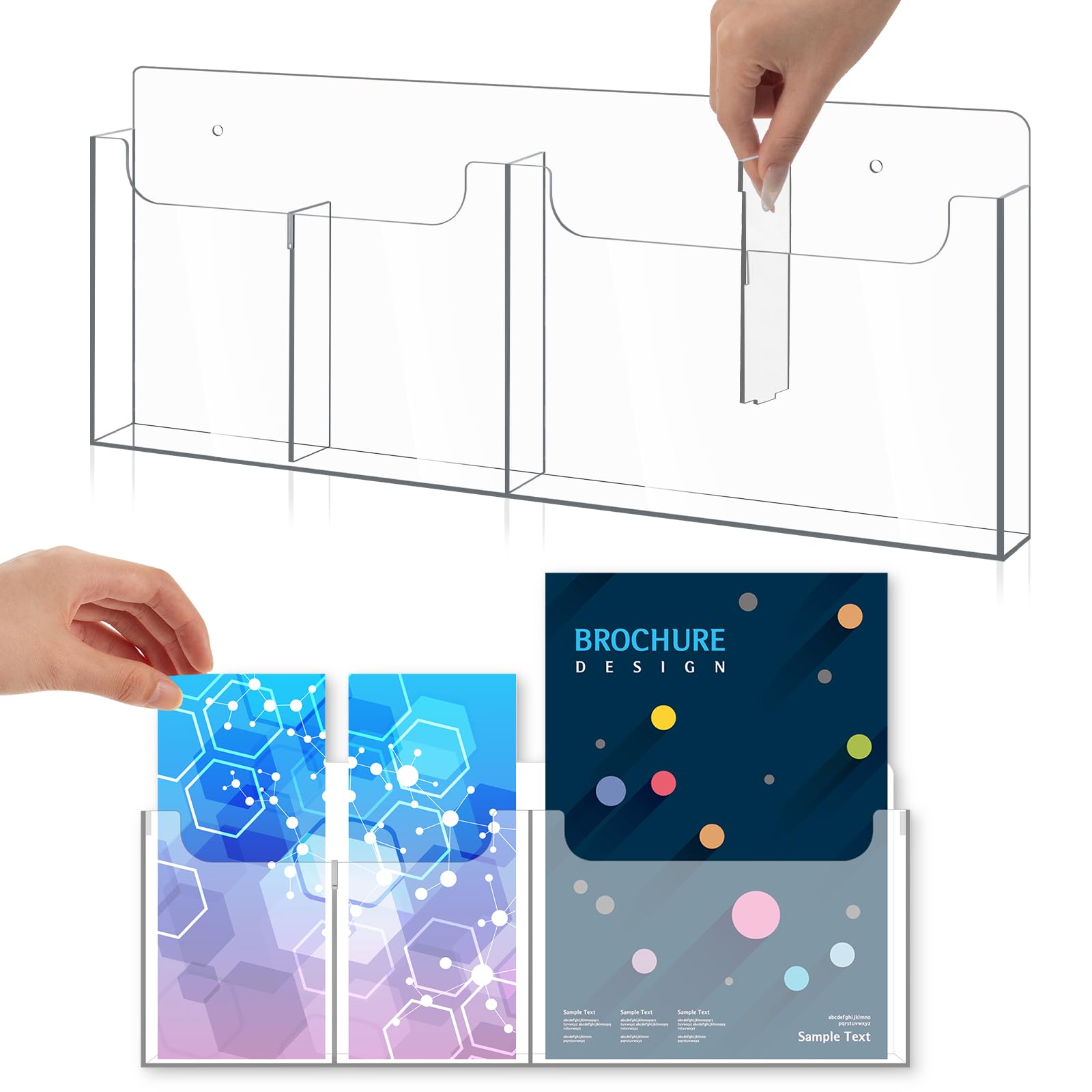 Sherr 1 Pcs Acrylic Brochure Holder Wall Mount with Removable Adjustable Dividers, 4/2 Pockets Large Capacity Literature Display Stand for 4''x 9'', 8.5''x11'' Pamphlets, 17.9'' x 7'' for Office Hotel