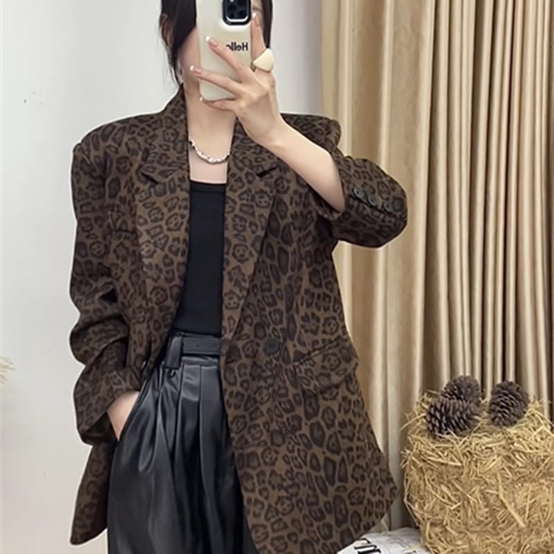 utcoco Women 2025 Trendy Leopard Blazers Business Casual Notched Lapel Open Front Work Office Blazer Jacket4