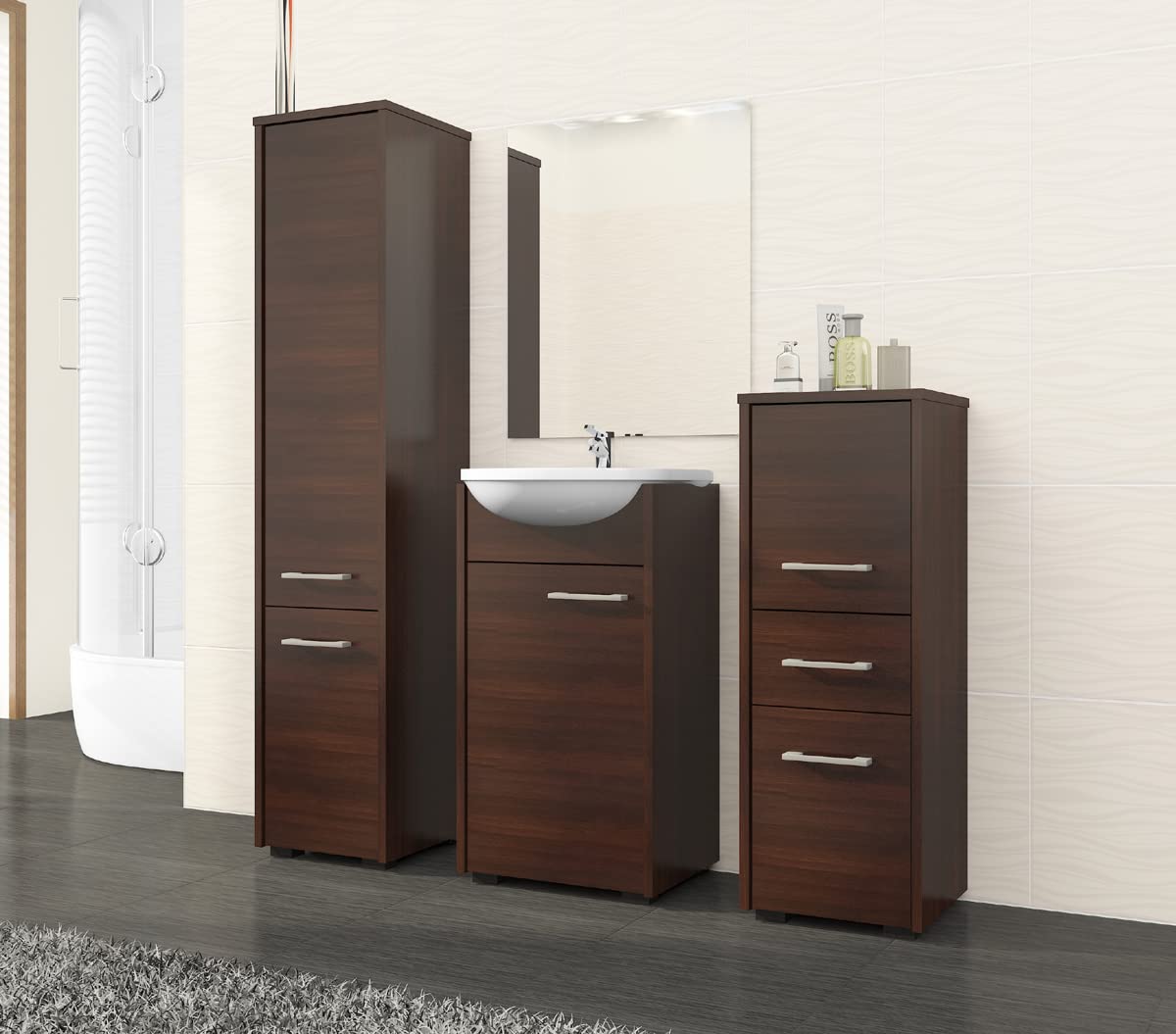 AKORD Badkamerkast kasten | badkamercommode | FIN 85 2D1SZ, 2 deuren en 1 lade, B30 x H85 x D30 cm, gewicht 25 kg, ook als hangkast voor wandmontage te gebruiken