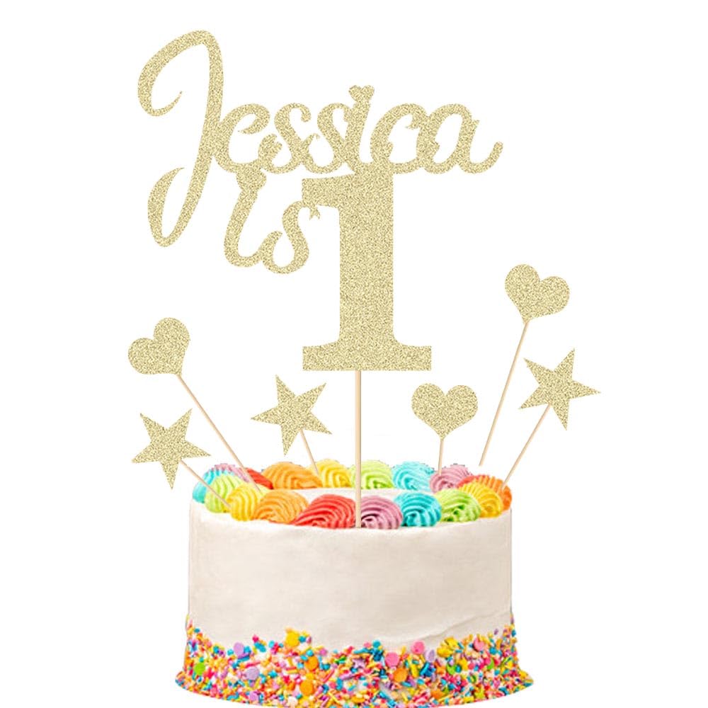 1st Birthday Cake Topper | Personalised 1 2 3 Cake Topper | Happy Birthday Decorations | Double Sided Glitter Card Any Name Age Customized - Multicolour Glitter Cake Decoration(Champagne Gold)