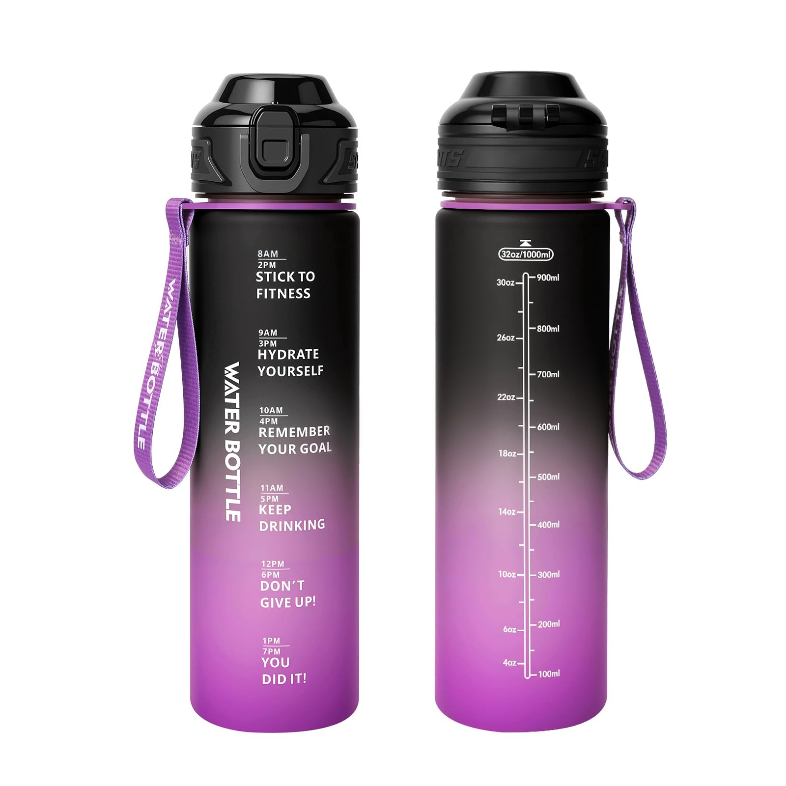 Binudum Trinkflasche 1L Sport Wasserflasche, BPA-frei,1 Liter Trinkflasche Sport mit Zeitmarkierung，für Gym, Die Fahrrad, Sport, Outdoor, Schule, Job