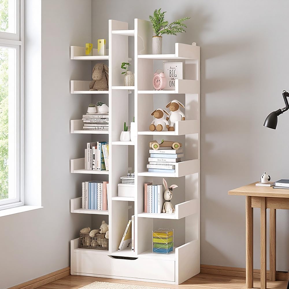 Floor Standing Tree-Shaped Bookcase for Small Space, Free Standing Open Book Shelves 18 Tier Display Storage Shelves Bookshelves, Sundries Organizer for Bedroom, Living Room,Kitchen, Office.