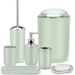 IMAVO Bathroom Accessories Set,Green Bathroom Set,7 Pieces Bathroom Accessory Set,Tray,Toilet Brush,Trash Can for Bathroom Décor and Housewarming Gifts