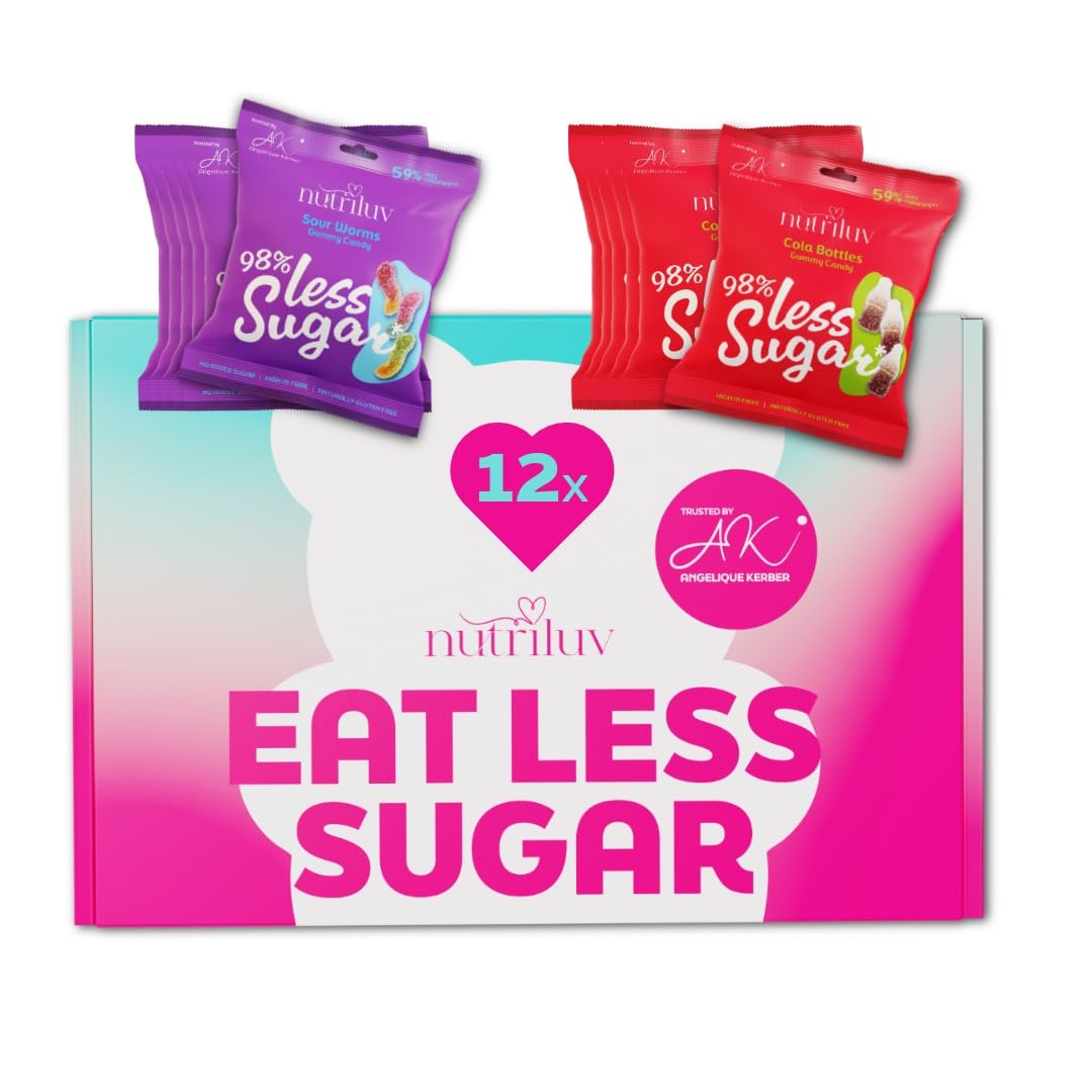 NUTRILUV Low Carb Gummies Sour Mix Box, Sour Worms & Cola Bottles, 0,6g Zucker, 69kcal pro Beutel, 12 x 50g