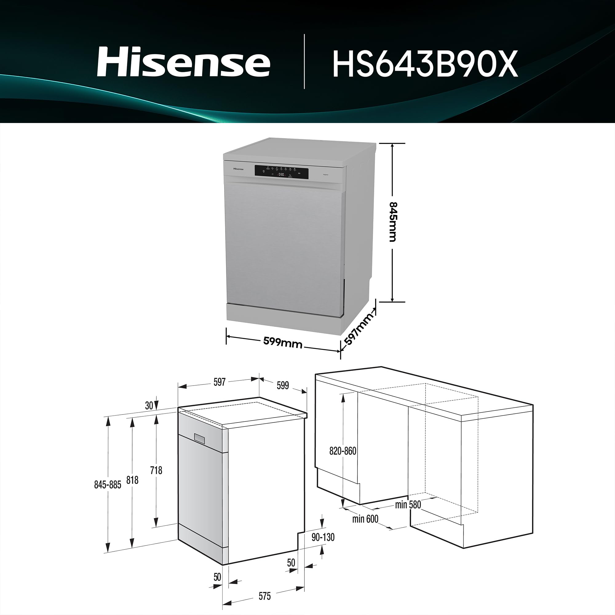 Hisense HS643B90X - Lavavajillas Clase B, 15 Servicios, Fondo 60cm, Secado Extra, Programa Automático, Tercera Bandeja, Programa Corto 1 hora, 15 Servicios, Aqua Protect System, Control Táctil, Inox