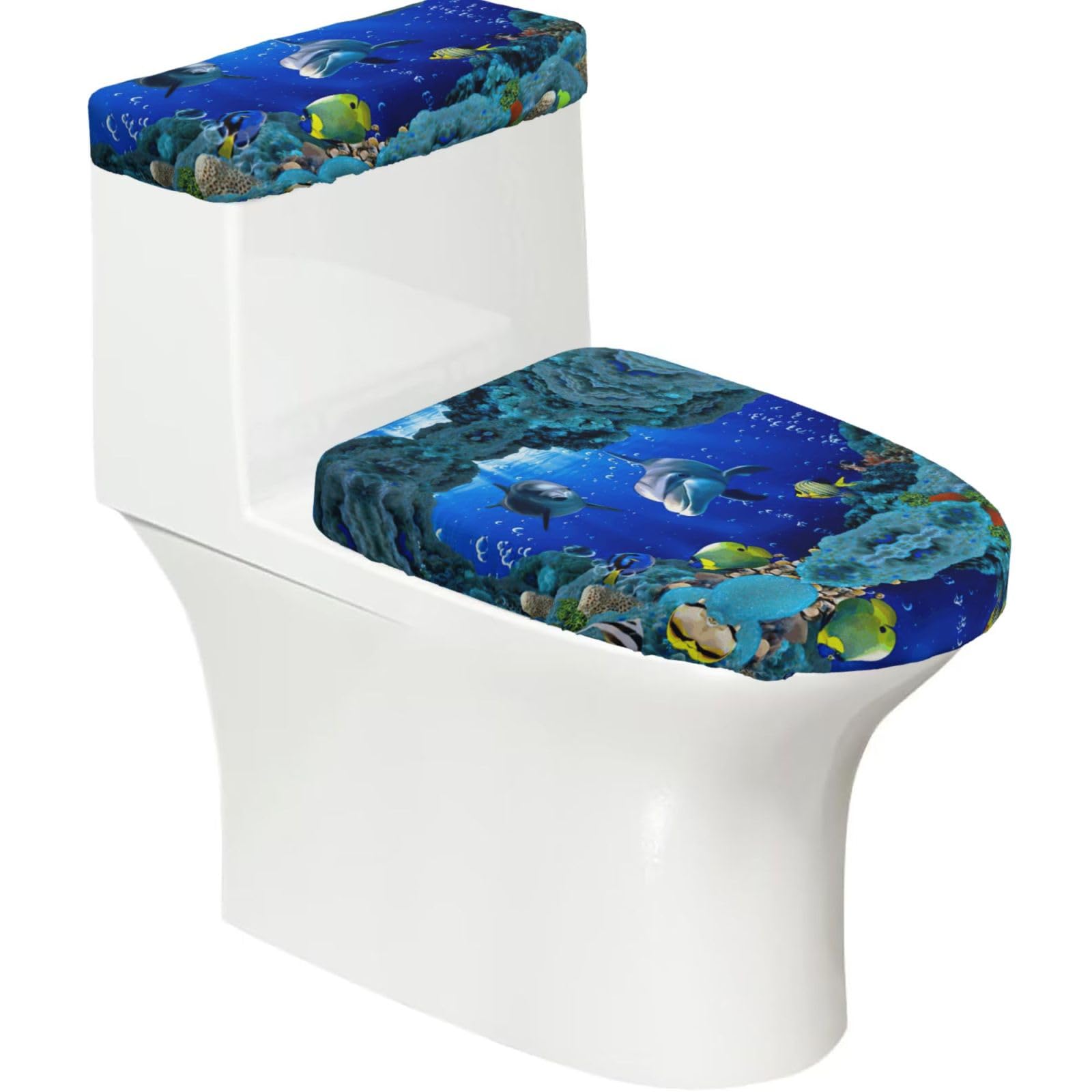 3D Underwater World Fish dolphi Printed Toilet Tank and Lid Cover Set of 2 for Most Bathrooms, Fits Elongated Round Toilets