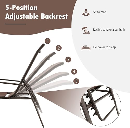 Miniatura 5 de Tangkula Tumbona apilable ajustable para patio, 2 piezas, silla reclinable para patio al aire libre con respaldo de 5 posiciones, marco de acero