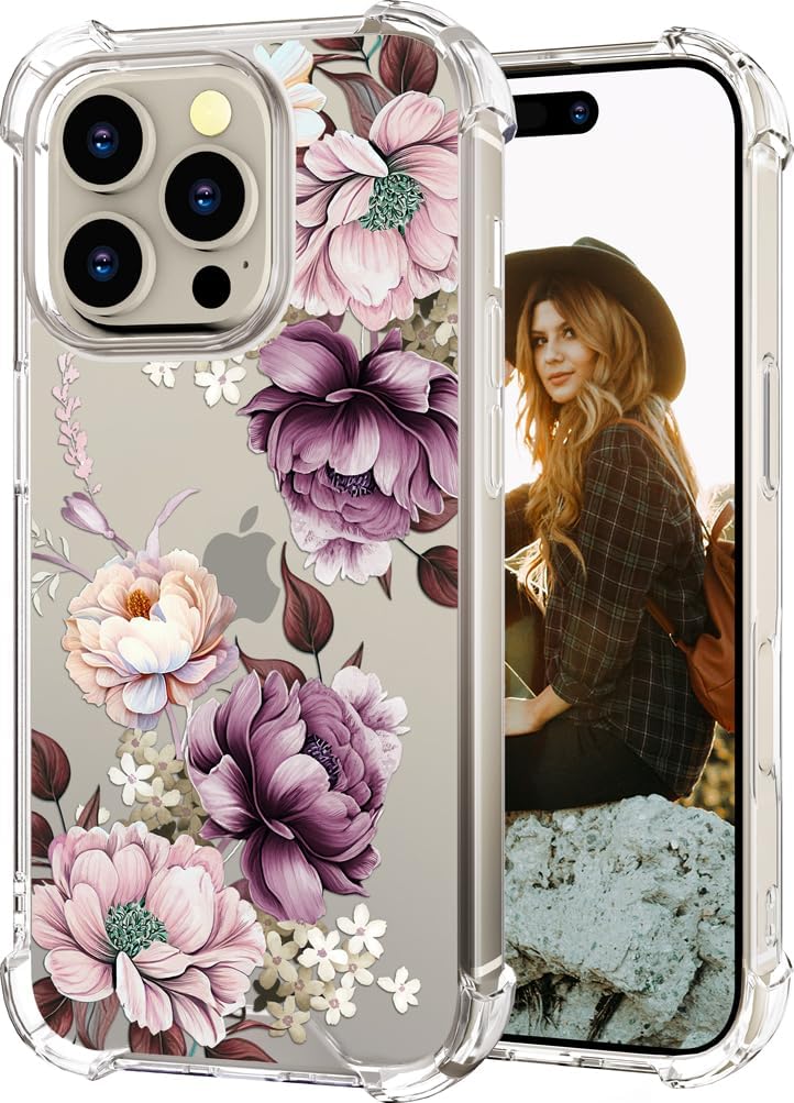 Hungo Compatible with iPhone 16 Pro Case for Women Girls Clear Design Cute,Girly Girls Aesthetic Flower Designer Case for 16 Pro Pink Rose Purple Roses