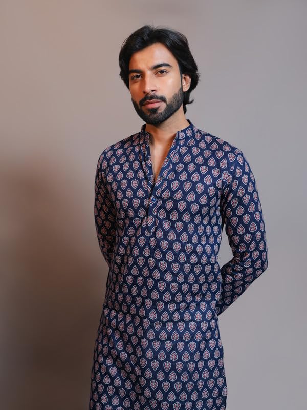 Image of Vastraa Fusion Men's Printed Kurta Pure Cotton Long Kurta, Round Collar, Full Sleeves, Button Kurta, Ethnic Wear