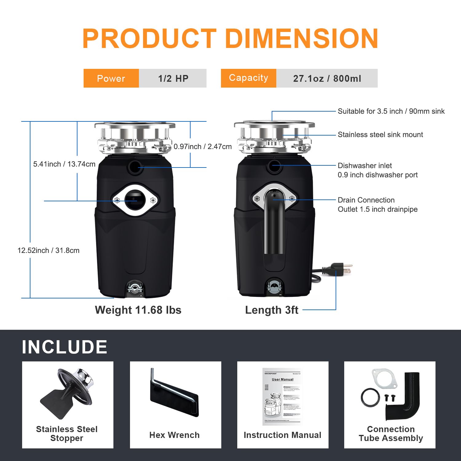 Triturador de residuos de alimentos, 1/2 HP, fácil de instalar, silencioso, con cable, alimentación continua, molienda de acero inoxidable, media potencia (A400)