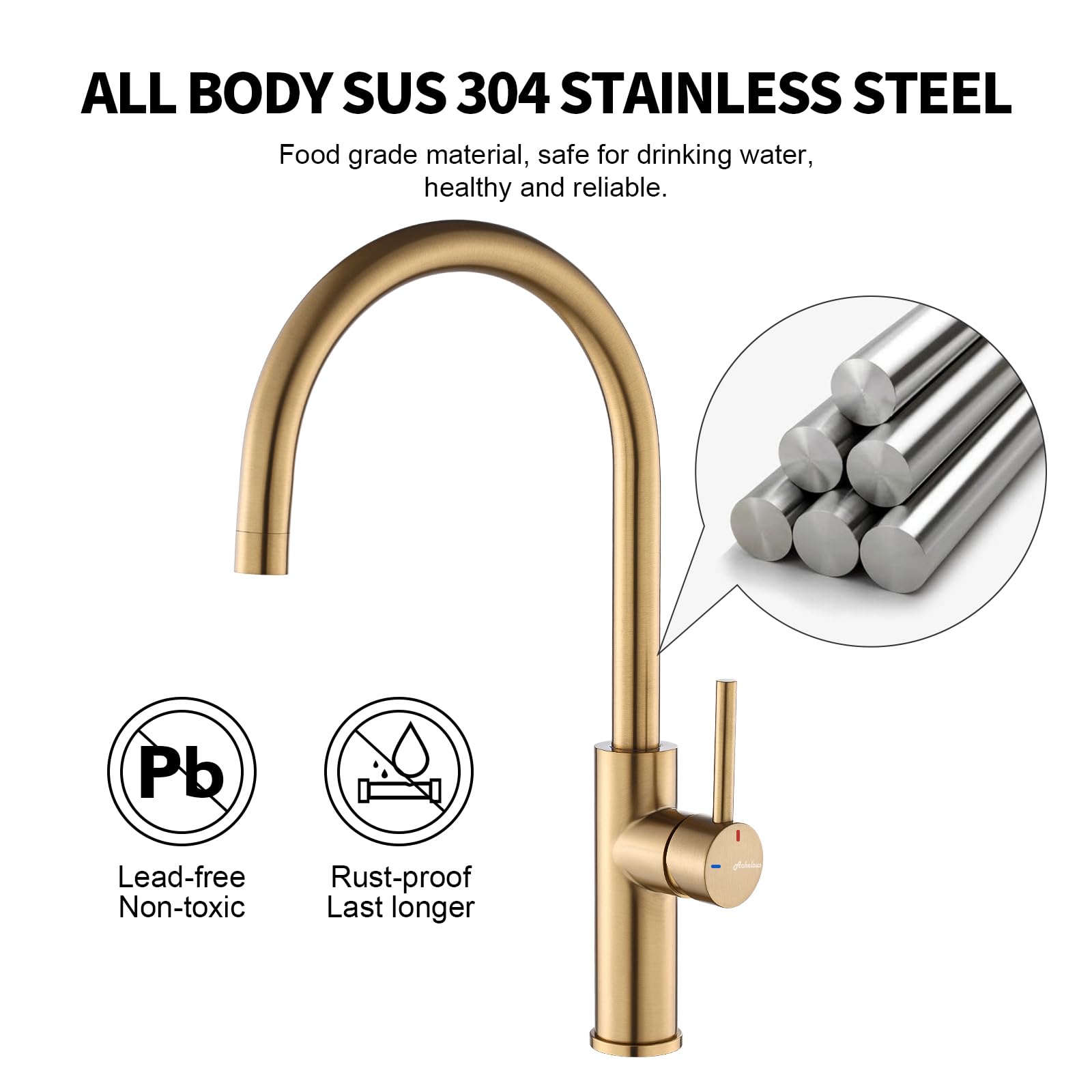 Grifo monomando para fregadero de cocina/barra, grifo de acero inoxidable con acabado dorado cepillado, un solo orificio, grifo giratorio de 360° para casas de campo, caravanas, autocaravanas y bañ