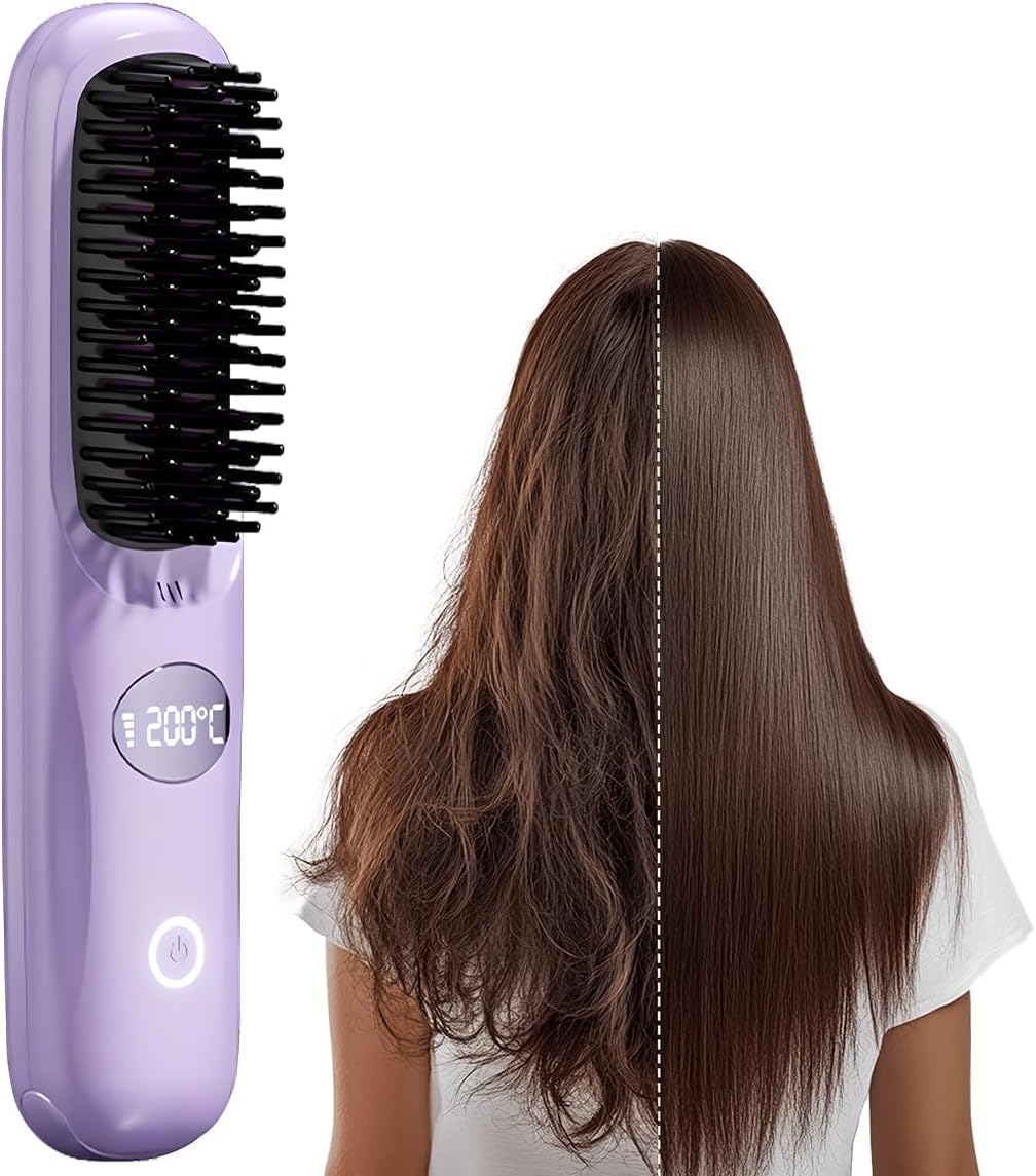 Portable Hair Straightener Brush, 2026 Upgraded Cordless Hair Straightener Comb, Quick Heat Easy Styling and Smoothing Brush for Home and Travel (Purple)