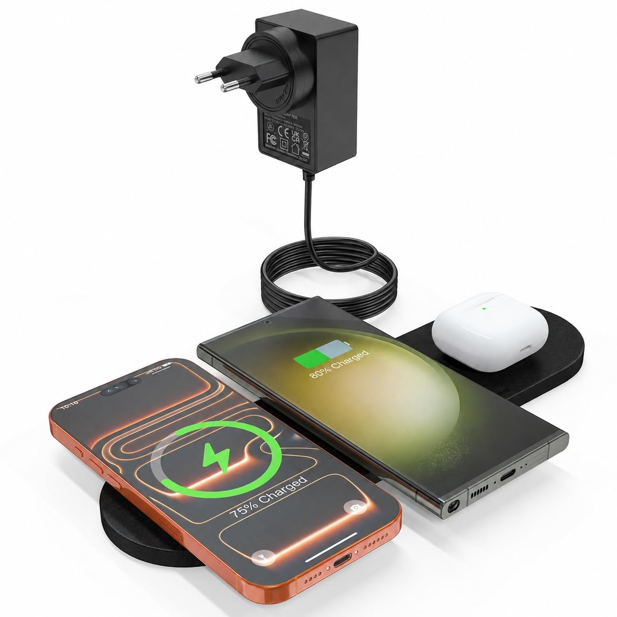 ZealSound Wireless Charger, 3-in-1 induktive Ladegerät für iPhone 17 16 15, Samsung Galaxy, AirPods & Galaxy Buds, Ultraschlankes PU-Leder-Design für Zuhause, Büro und Reisen, mit 36W EU-Stecker