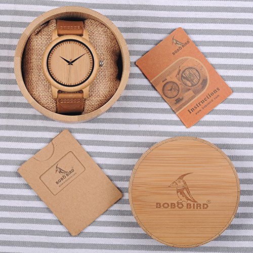 BOBO BIRD Men's Women's Bamboo Wooden Watch with Brown Cowhide Leather Strap Analog Quartz Casual Watches - Image 3