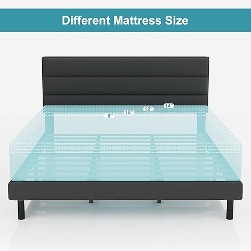 Miniatura 4 de IYEE NATURE Cama individual con cabecero, plataforma resistente con soporte de listones de madera, sin somier, base de colchón, fácil montaje, gris