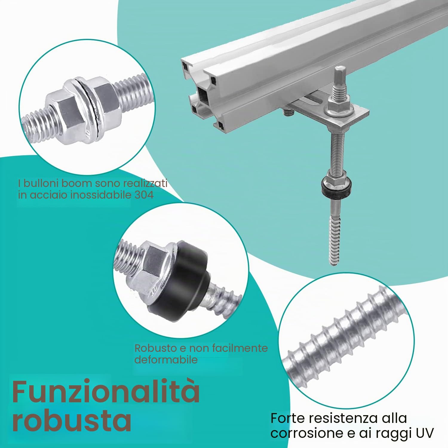 16 Pezzi Viti M10 x 200 mm, Vite in Acciaio Inox, Regolabili In Altezza, con 16 Pezzi 8,2 x 3 cm Guarnizione, per Fissaggio Solare Fotovoltaico, per Tetti Con I Coppi